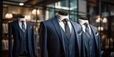 Fototapeta  - Dapper suits on mannequins showcase fine tailoring and elegance in men's fashion at a boutique.