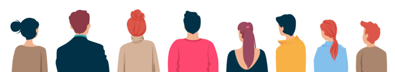 Men and women back view set. Modern guys and girls with fashionable colored hairstyles and casual clothes look at the performance vector event