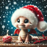 Fototapeta Pokój dzieciecy - A cute little dragon in a Santa Claus hat looks up at the falling snow