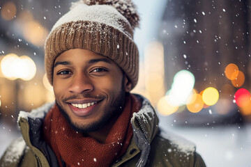 Canvas Print - Generative ai picture of handsome nice man walking in evening megapolis blurred garland background