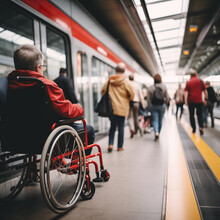 Low Angle And Selective Focus View Of Disabilities People Wheelchair Wait For Train On Platform Train Station.