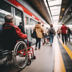 Low angle and selective focus view of disabilities people wheelchair wait for train on platform train station.