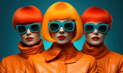 Three Stylish Mannequins Rocking Orange Leather Jackets, Wigs and Vibrant Color Sunglasses. Fashion Style Cover Magazine and Wallpaper