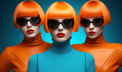 Wall Mural - Three Stylish Mannequins with Vibrant Sunglasses and Playful Orange Wigs. Fashion Style Cover Magazine and Wallpaper