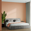 Bedroom in pastel tone peach fuzz color trend 2024 year panton wall empty background for art. Modern premium cozy room interior home or hotel design.  Apricot crush stylish accents.3d render 