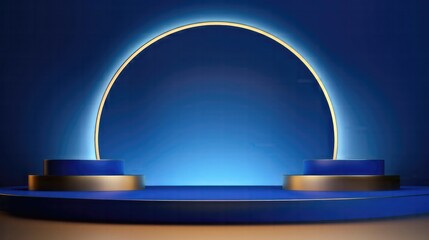 golden blue realistic 3d cylinder stand podium