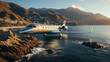 A Modern Aircraft Flying on Ocean and Mountains of Futuristic Technology Theme Background Selective Focus