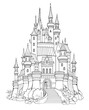 Illustration of ancient medieval kingdom. Black and white page for kids coloring book. Fairyland fortress. Worksheet for drawing and meditation for children and adults. French architecture.