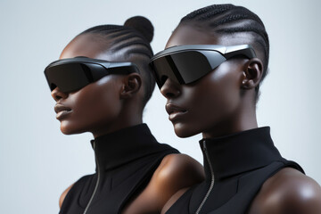 Two women with futuristic VR glasses, sleek design, in profile.