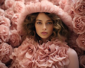 Wall Mural - The photograph depicts a person, a woman's face, surrounded by a frame of giant flowers