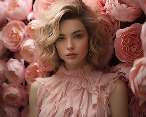 Wall Mural - The photograph depicts a person, a woman's face, surrounded by a frame of giant petal pink rose flowers