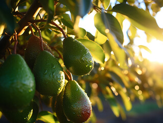 Wall Mural - A flourishing avocado orchard with vibrant leaves. Comfortable morning atmosphere. Avocados are ready to be harvested.