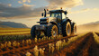 A Tractor Pulling A Grey Planter On A Empty Field on Blurry Background