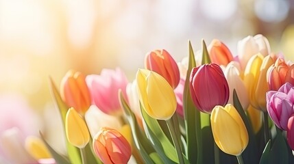 Wall Mural - Bouquet of colorful tulips blured spring background.