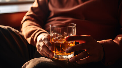 A glass of alcoholic drink in the hands of a man close-up. A man drinks alcohol in a hotel room or at home. Tasting spirits such as scotch, brandy or whiskey. Generated AI