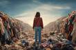 A girl in a landfill near huge piles of unwanted clothes. The problem of overproduction, irrational consumption and environmental pollution.
