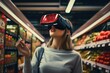 © Thanaphon - Woman wearing virtual reality glasses shopping at supermarket, new modern technology of integrated reality Online shopping and ecommerce concept.