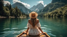Women Wear Casual Boho Hats And Clothes. Sit In A Boat On The Lake With A Spectacular Mountain And River View. Travel Concept