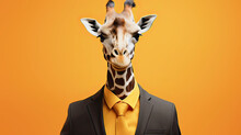 A Giraffe In A Business Suit And Tie On A Yellow Background
