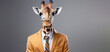 giraffe in a business suit with a yellow tie on a gray background