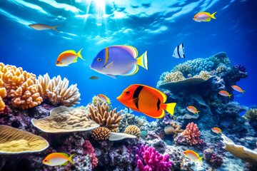 Wall Mural - Tropical fish and coral reef underwater in the Sea.