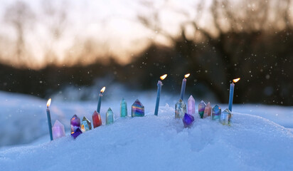 Poster - quartz minerals and burning candles in snow, winter nature background. Gemstones for esoteric Crystal Ritual. wiccan Witchcraft. spiritual energy practice for life balance. Winter magic