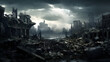 War-torn cityscape with crumbling buildings and debris under a cloudy sky.