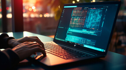 Wall Mural - businessman using laptop computer with data technology.