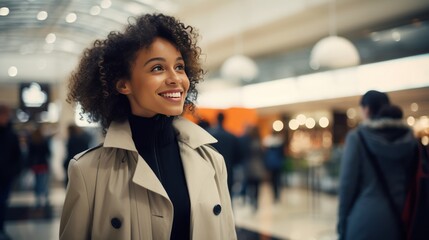 Happy young black woman in an elegant clothes coat on sale in the mall generative ai