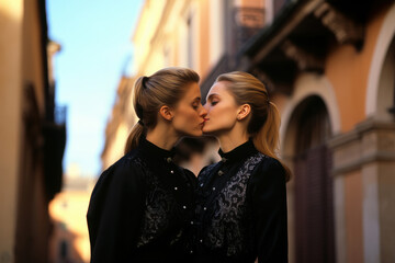 Wall Mural - Young couple of women, relaxed and loving.