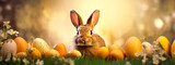 Fototapeta Panele - Easter bunny and many Easter eggs. Selective focus.