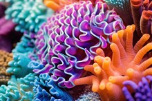 Macro Background Featuring Sea Life Textures Such As Coral, Shells Or Algae. Flower Sea Living Coral And Reef Color Under Deep Dark Water Of Ocean Environment Underwater