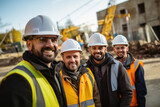 Fototapeta  - A group of smiling engineers and professionals wearing hard hats and helmets on a construction site