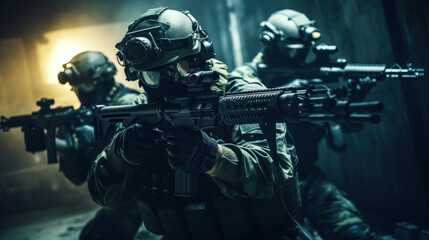 A team of military special forces infiltrating a high security facility using night vision goggles and suppressed firearms