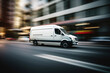 A white delivery van drives through the city against a blurred city street background.