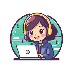 Vector cute hacker operating laptop cartoon vector icon illustration.