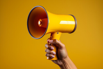 Close-up yellow megaphone loudspeaker in woman's hand on studio plain background. Important announcement news, significant messages sale discount concept