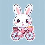 Fototapeta Pomosty - Sticker with die-cut in the form of a rabbit on a bicycle, kawaii color background, pastel colors