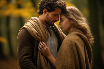 Autumnal embrace, couple in a forest of golden leaves, soft woolen blankets, crisp air