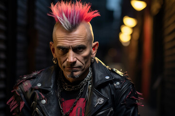 Wall Mural - Gothic punk portrait, individual with spiked hair, leather outfit, neon accents, set against a grungy urban alleyway