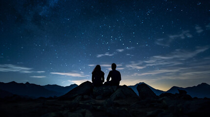 Wall Mural - Starlit mountain gaze, couple under the cosmos, clear night sky, Milky Way backdrop