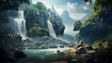 Fototapeta Natura - A picturesque waterfall cascading down a rocky cliff, surrounded by lush vegetation.
