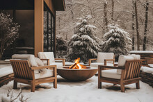Cozy Backyard Deck With Fire Pit And Sitting Area In Winter