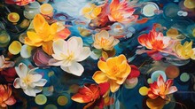 A Swirling Pattern Of Colorful Petals Floating In A Pond, Captured From Above, Creating An Abstract