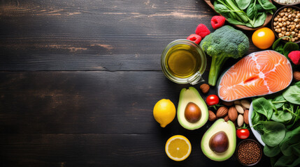 Wall Mural - Variety of healthy foods including a fillet of salmon, avocados, nuts, leafy greens, and other vegetables