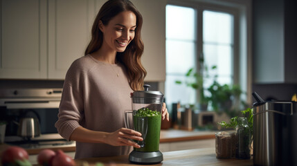 Wall Mural - Smiling woman in a modern kitchen using a blender to make a green smoothie, with fresh ingredients on the countertop.