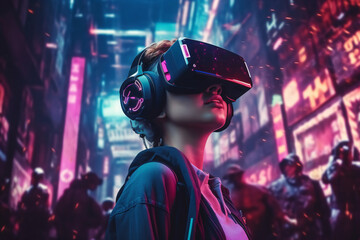 Wall Mural - A young woman in virtual reality glasses on futuristic city cyberpunk background