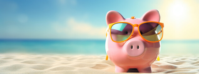 Sticker - Piggy bank wearing sunglasses on a sandy beach with a clear blue sky in the background