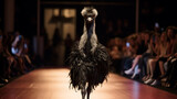 Fototapeta Las - Ostrich on Runway Showcases High-End Fashion with Style, Elegance, and Humor