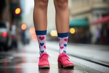 Woman Wearing Socks With Blue And Pink Hearts And Pink Shoes, Standing On The Street. Funny Valentine Concept. Generative AI
